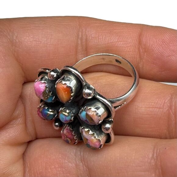 Kingman Pink Dahlia Flower Cluster Ring Size 7 Solid 925 Sterling Silver - Picture 6 of 7